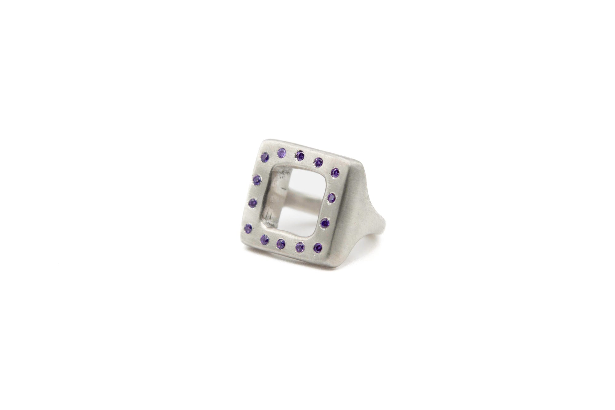 SHANI hand-carved 925 sterling silver ring with purple stone inspired by Hindu symbolism