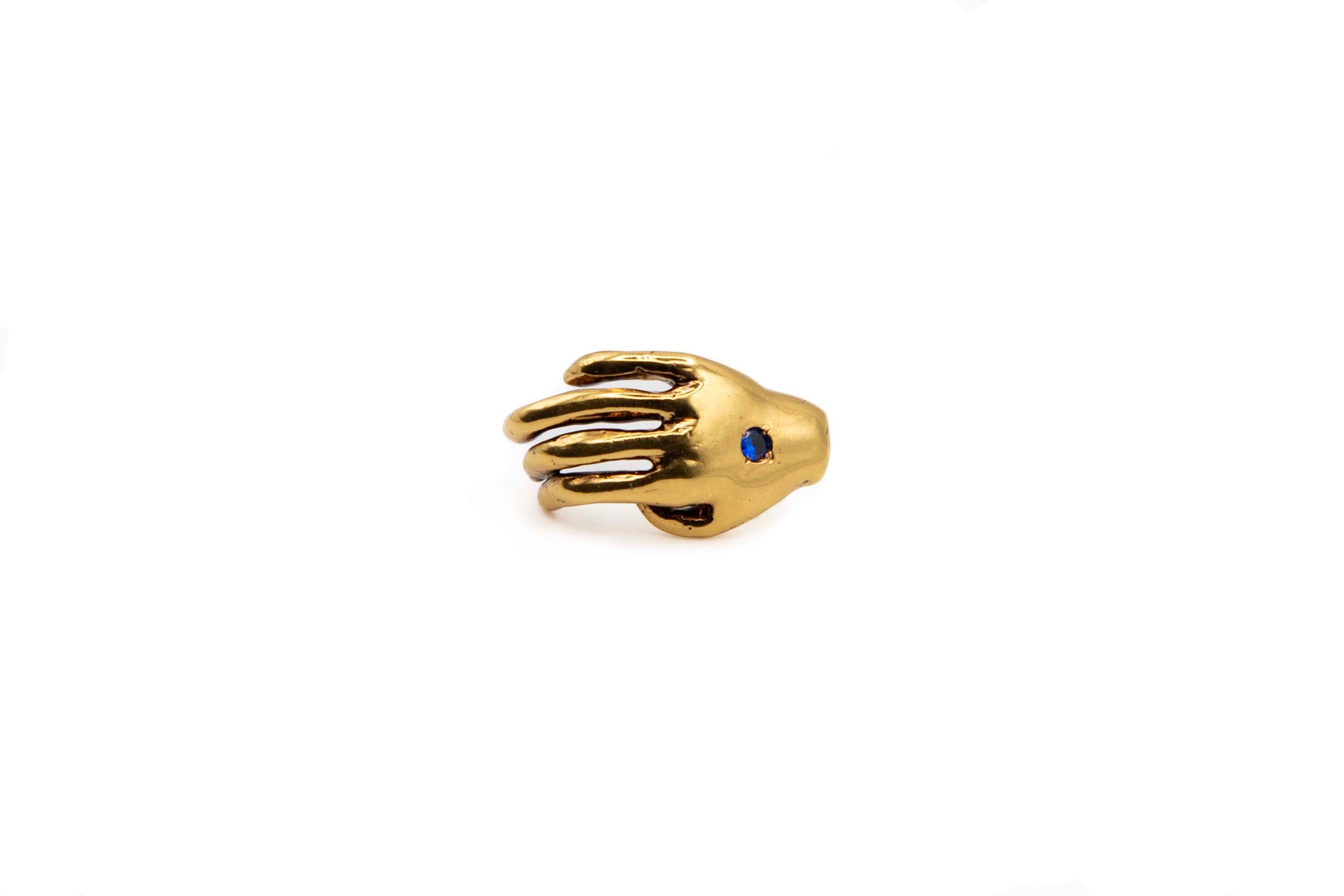 ECHO hand-carved 24K gold-plated brass earrings featuring a hand and a blue zircon
