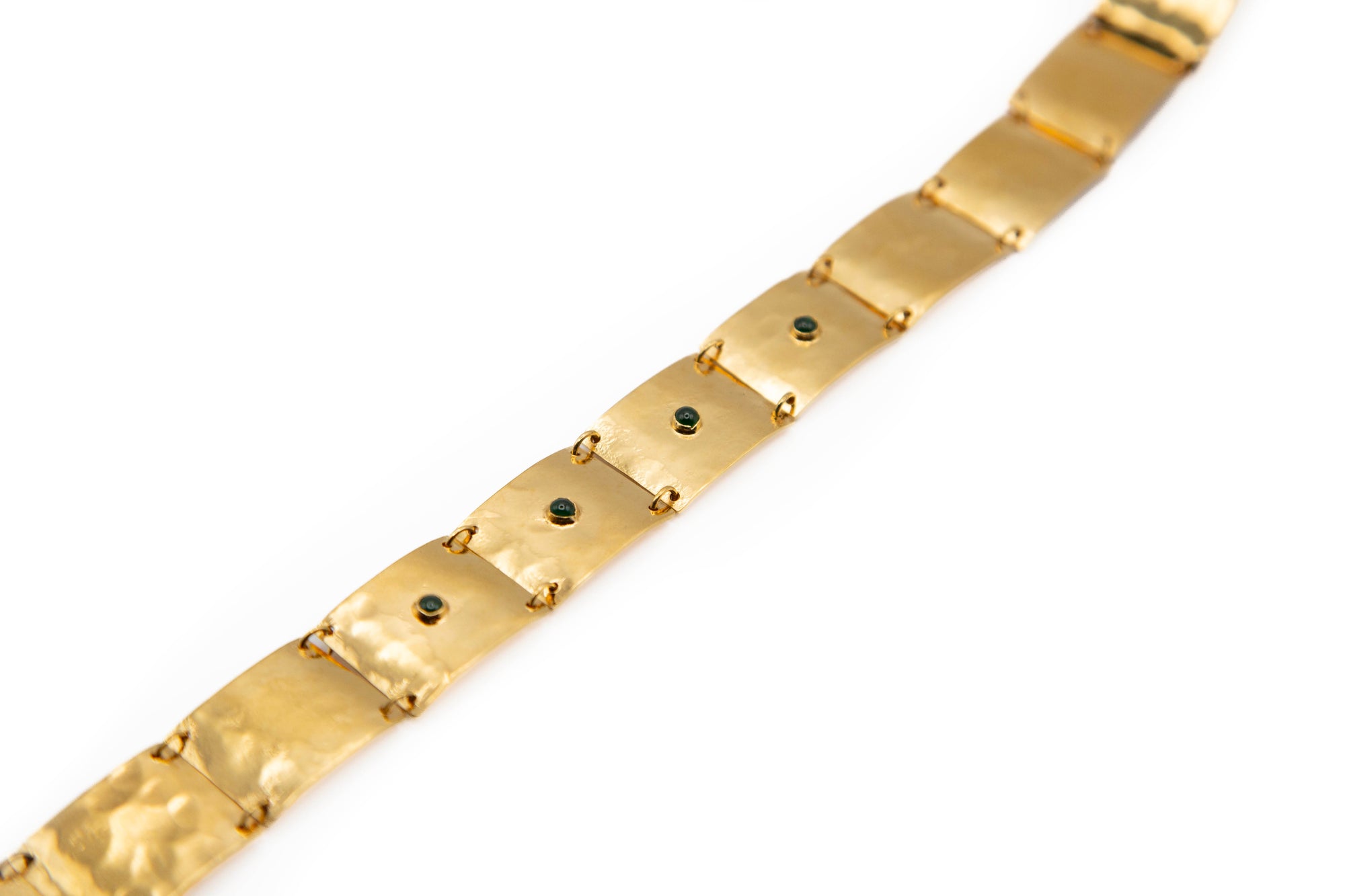 Geometrical, 24k gold-plated sterling silver choker. Featuring green jade stones, and rectangle interlocking pieces. Open view.