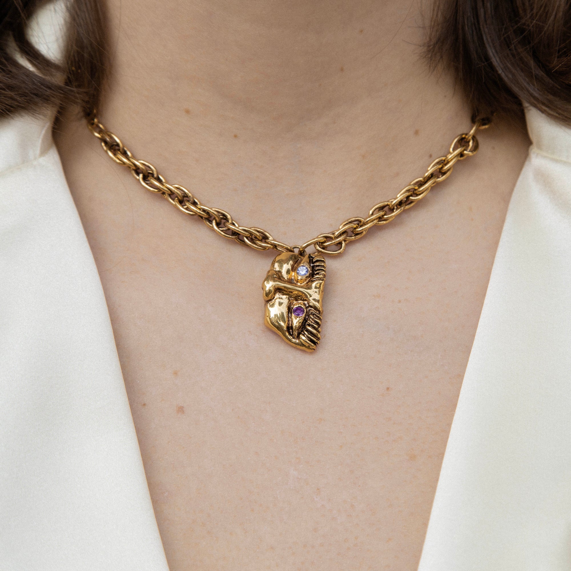 MAD hand-carved 24K gold-plated brass choker with 28cm chain featuring a face