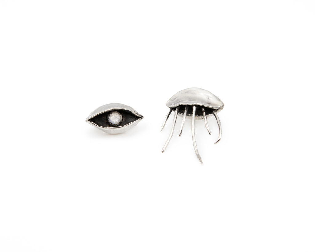 Eyes shaped earrings, Hand-carved 925 sterling silver earrings, moon stone