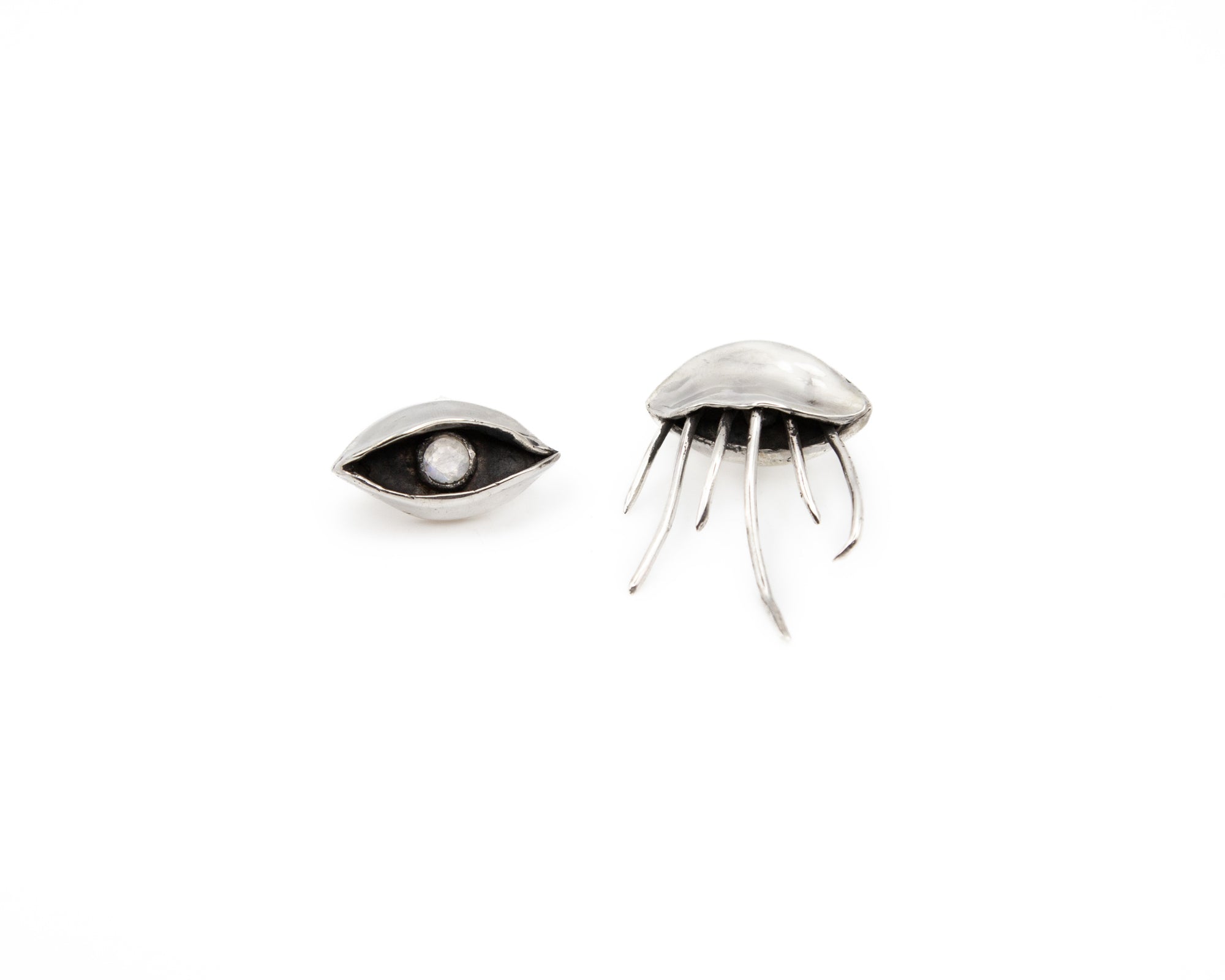 Eyes shaped earrings, Hand-carved 925 sterling silver earrings, moon stone
