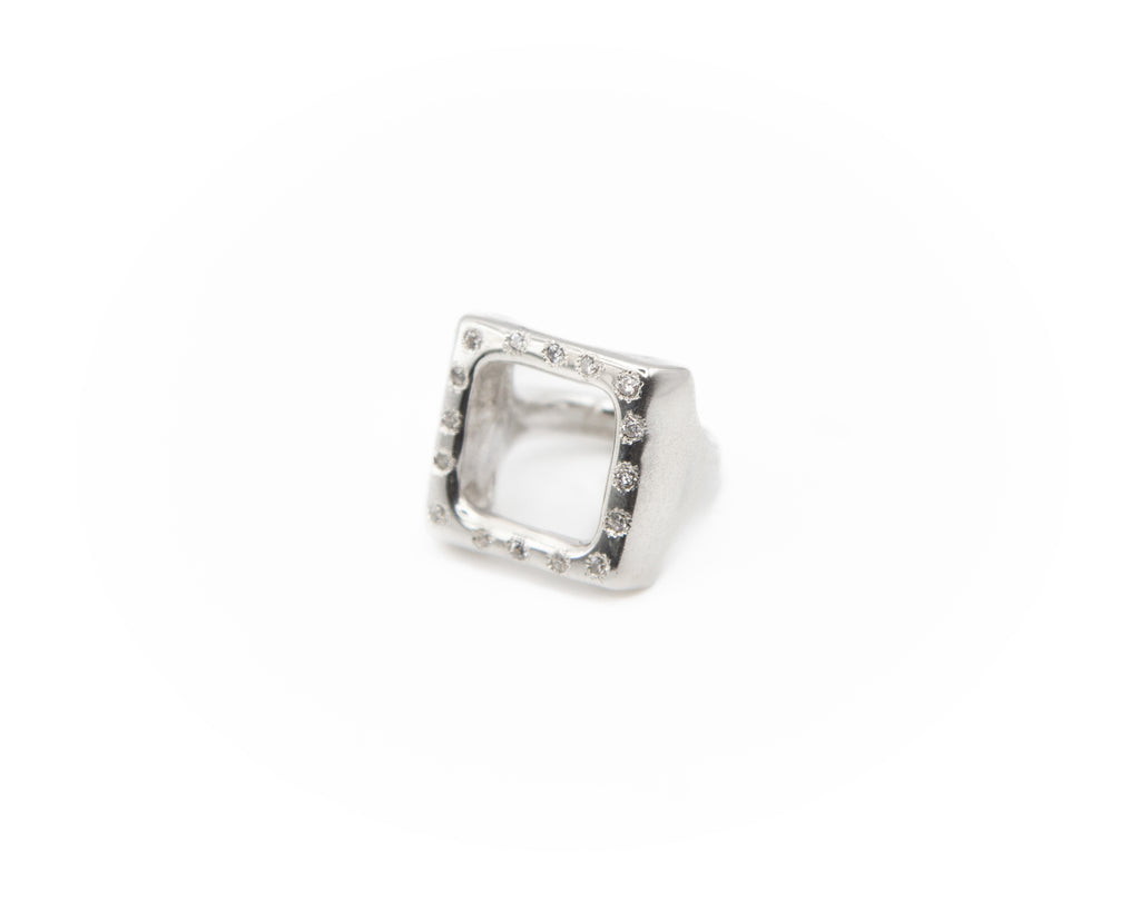 Geometric, Hand-carved 925 sterling silver ring, zircons.