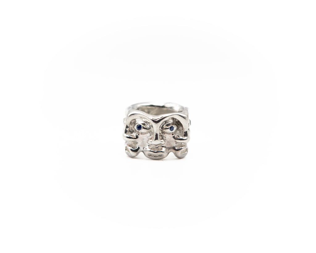 Hand-carved 925 ct sterling silver ring + blue zircons featuring comedian faces.