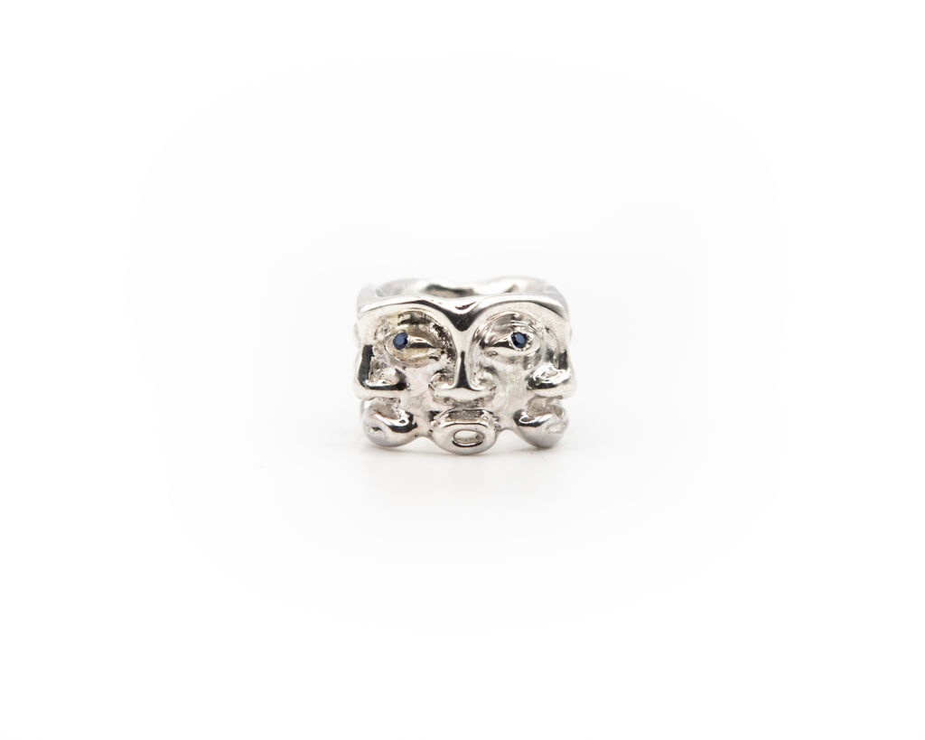 Hand-carved 925 ct sterling silver ring + blue zircons featuring comedian faces.