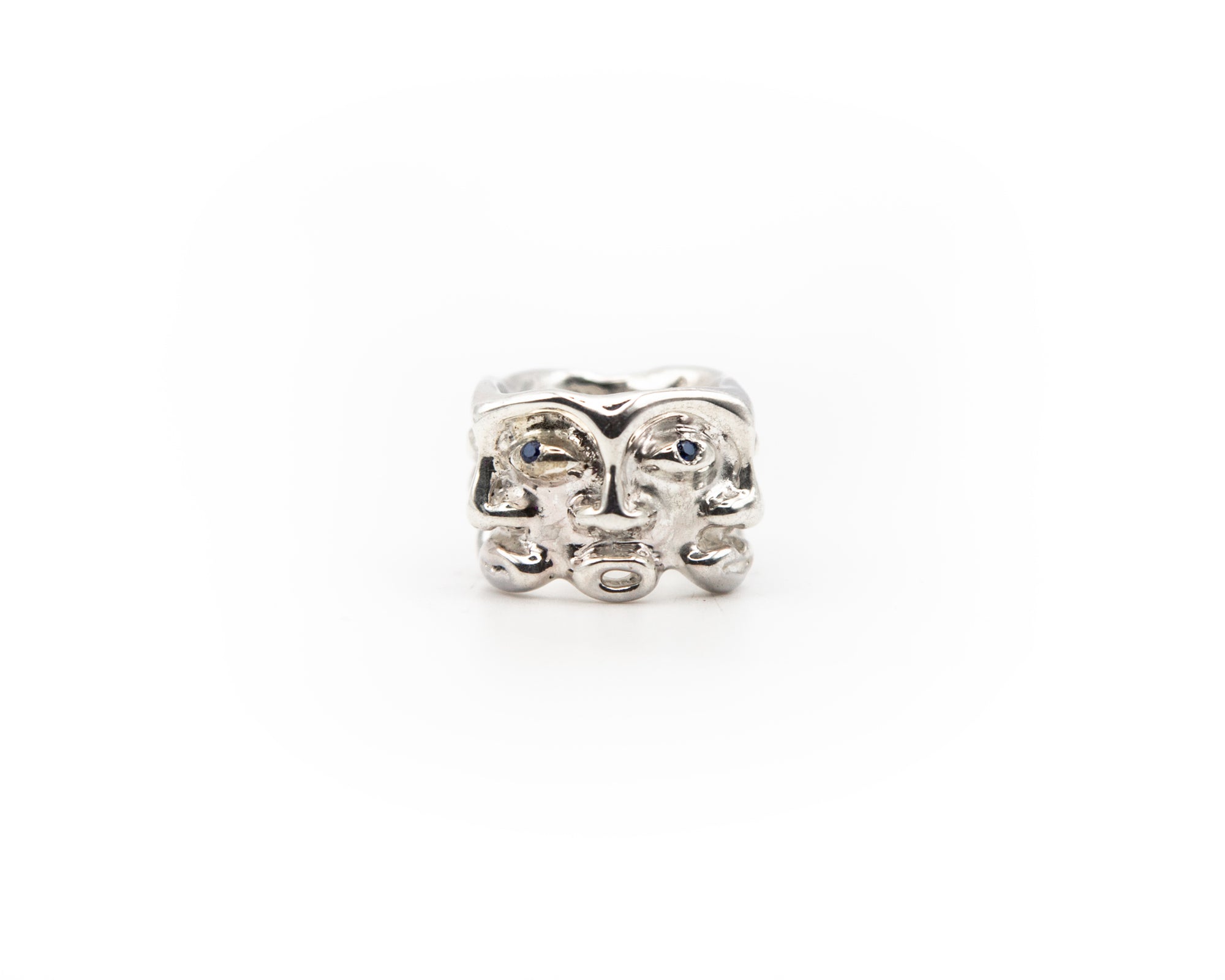 Hand-carved 925 ct sterling silver ring + blue zircons featuring comedian faces.