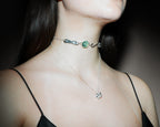 RHEA handmade sterling silver choker with prehnite paired with its pendant, worn on model – JISO LABO