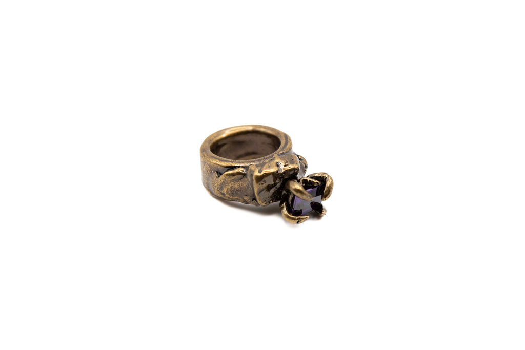 FABLE asymmetrical 24k gold-plated brass ring with hand-carved details and purple stone
