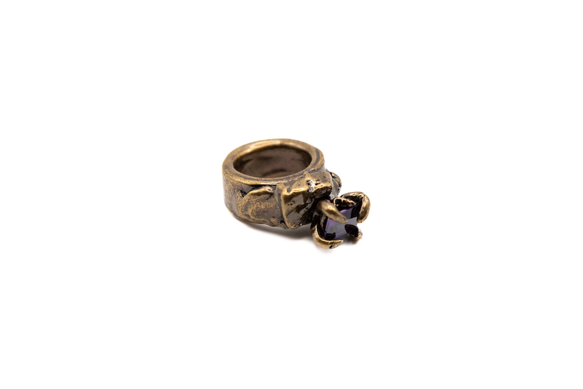 FABLE asymmetrical 24k gold-plated brass ring with hand-carved details and purple stone