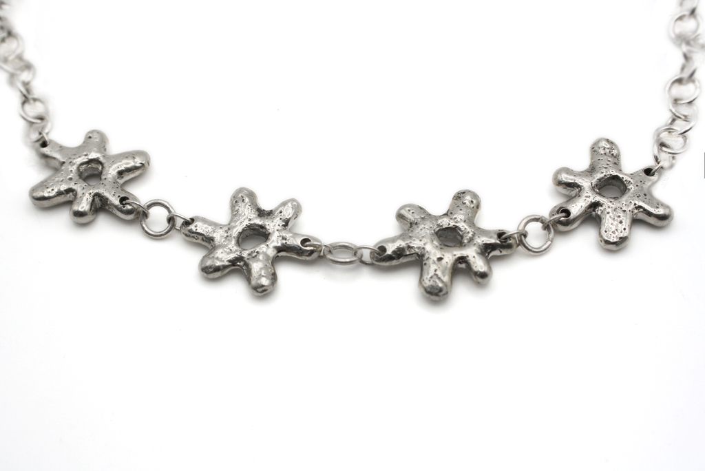 Detail shot of BLOOM BLOOM choker's sterling silver craftsmanship and botanical design