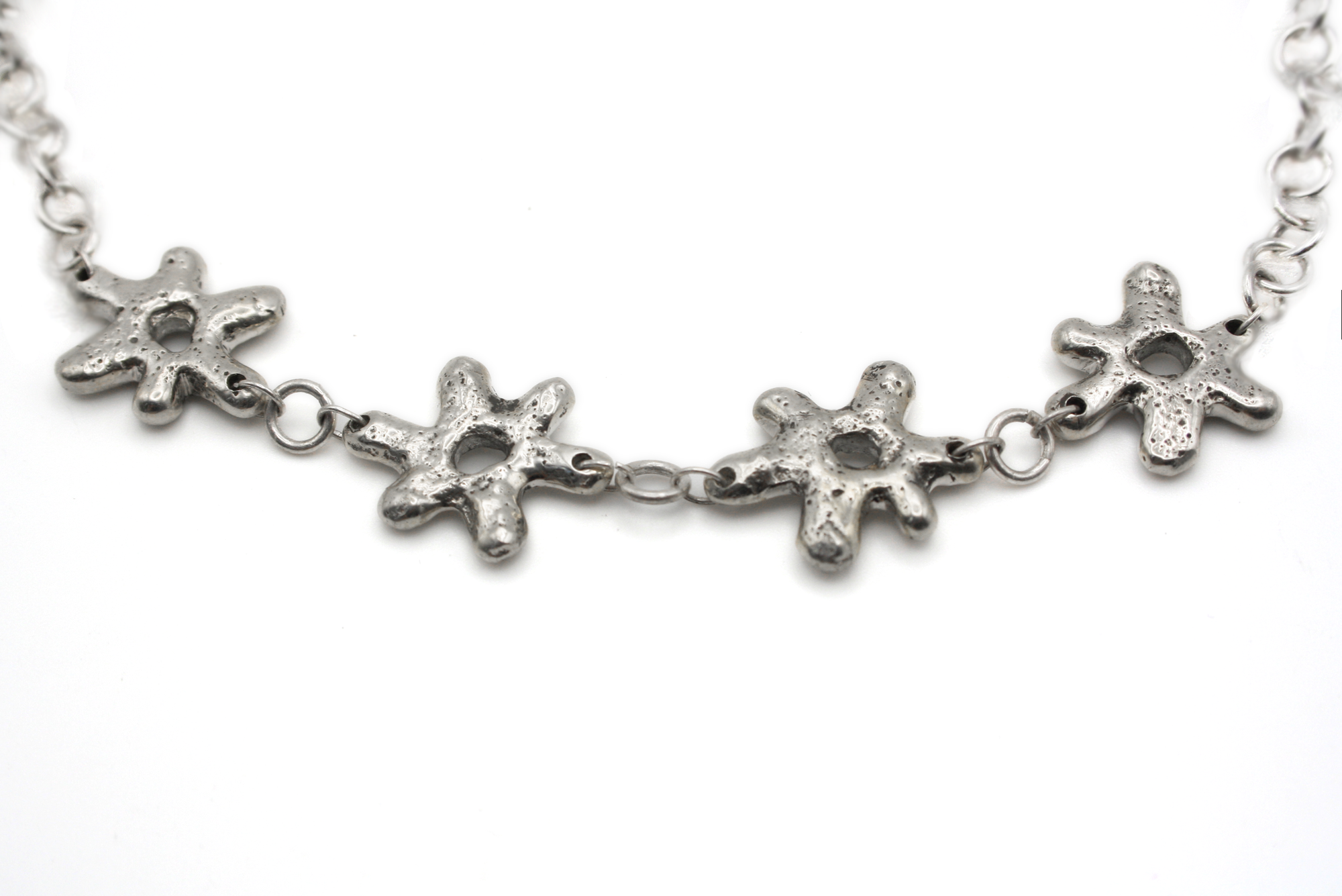 Detail shot of BLOOM BLOOM choker's sterling silver craftsmanship and botanical design