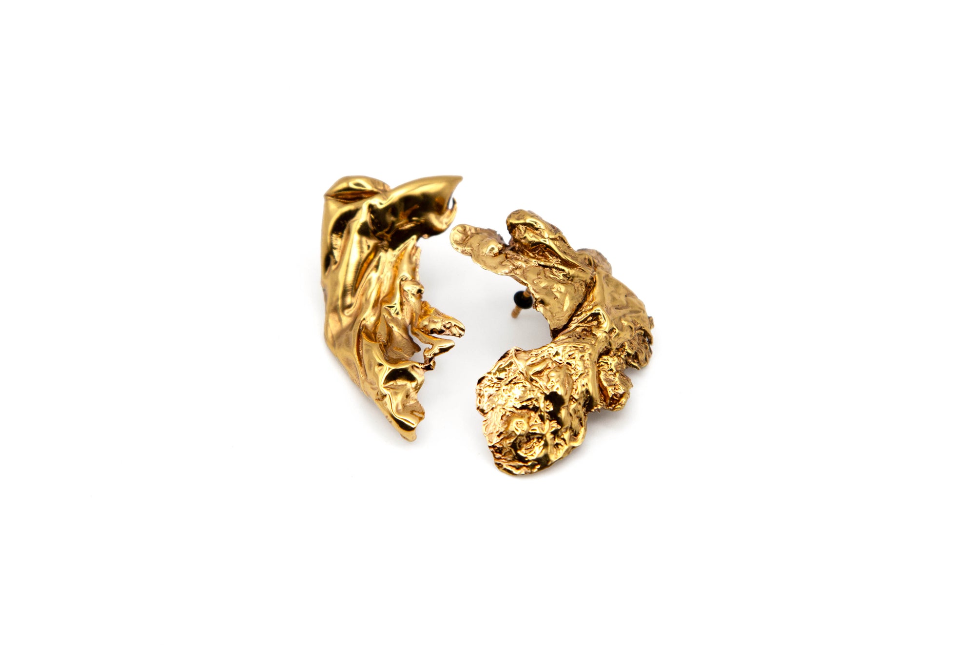 MISMATCH hand-carved 24K gold-plated brass earrings showing asymmetrical design