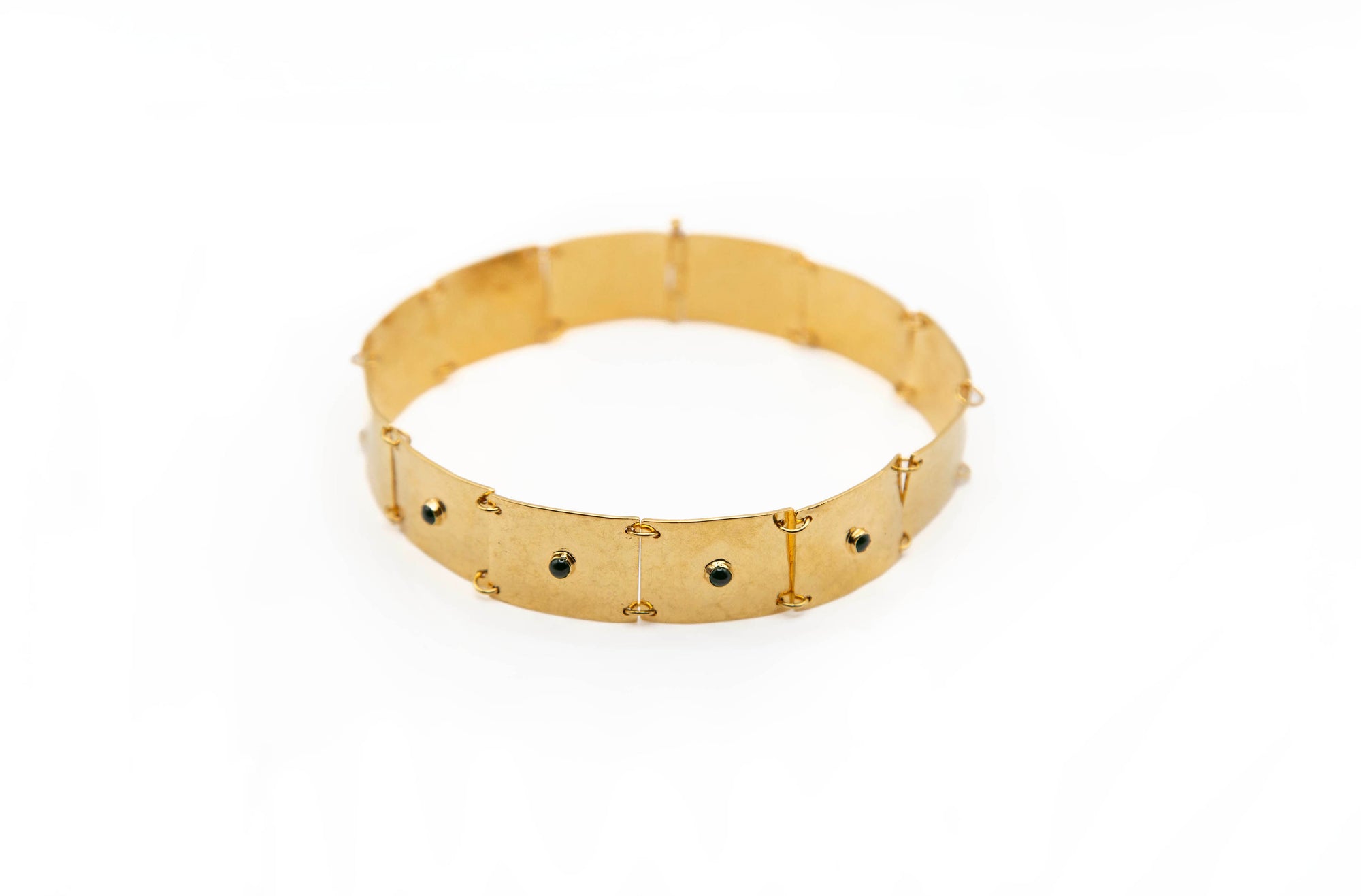 Geometrical, 24k gold-plated sterling silver choker. Featuring green jade stones, and rectangle interlocking pieces.